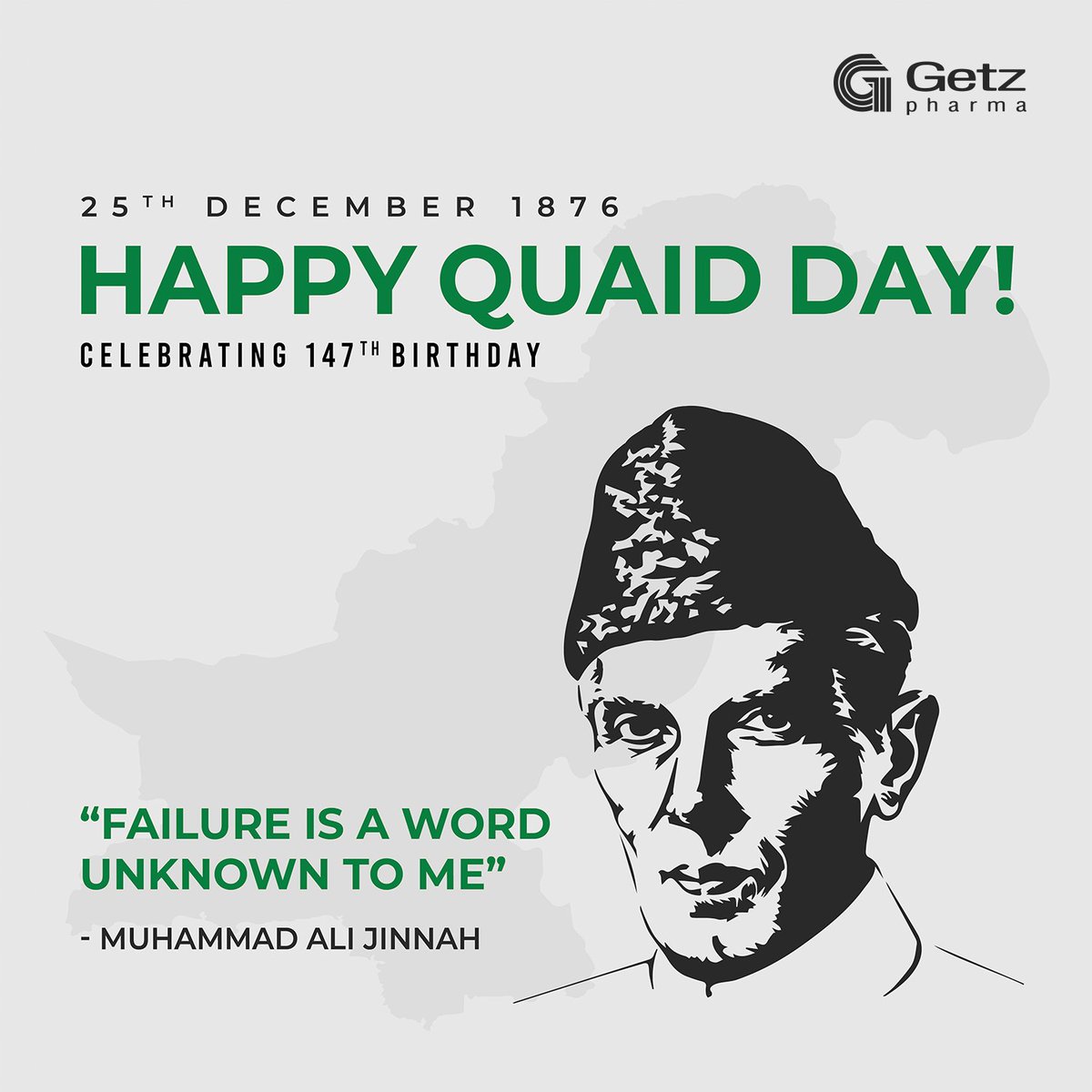 Celebrating the 147th birth anniversary of Quaid-e-Azam, a visionary leader. As we honor Muhammad Ali Jinnah's legacy, let's reflect on how his principles resonate in our work environment – fostering professionalism, unity and commitment to excellence. #GetzPharma #QuaidDay