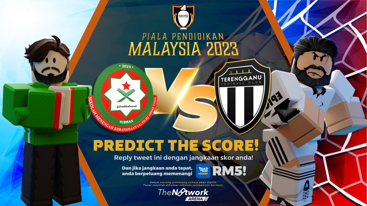 TheNetworkMYS's tweet photo. PREDICT THE SCORE DAN MENANG RM5!

Reply tweet ini dengan berikan jangkaan skor anda untuk perlawanan akhir Piala Pendidikan Malaysia 2023 dan jika ianya tepat, anda berpeluang memenangi kredit Touch N Go eWallet bernilai RM5! https://t.co/tpSs0FjOTd