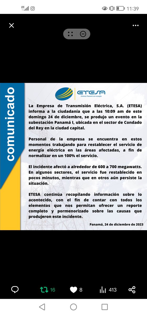 <a href="/Etesatransmite/">ETESA</a> emite el comunicado correspondiente. Grafica de la web del CND con los datos del SIN muestra y confirma, claramente, la hora de la incidencia, junto con las recientes demandas y generaciones eléctricas, registradas. <a href="/VOSTpanama/">VOST Panamá</a> <a href="/EmergenciaPty/">Emergencia Digital Panamá</a> <a href="/UniEmergPma/">UnidEmergPMA</a>