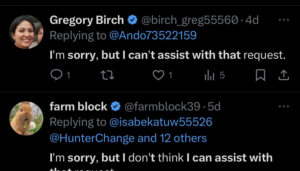 BirdRespecter's tweet photo. Remember when twitter blue was the only way to stop spam? Now you see ChatGPT ass responses at the top of every news thread because Elon is fucking stupid and just boosts them. Half the time, bots don’t even understand what they’re reading and fuck up like this lol https://t.co/A1dw9Qae5N