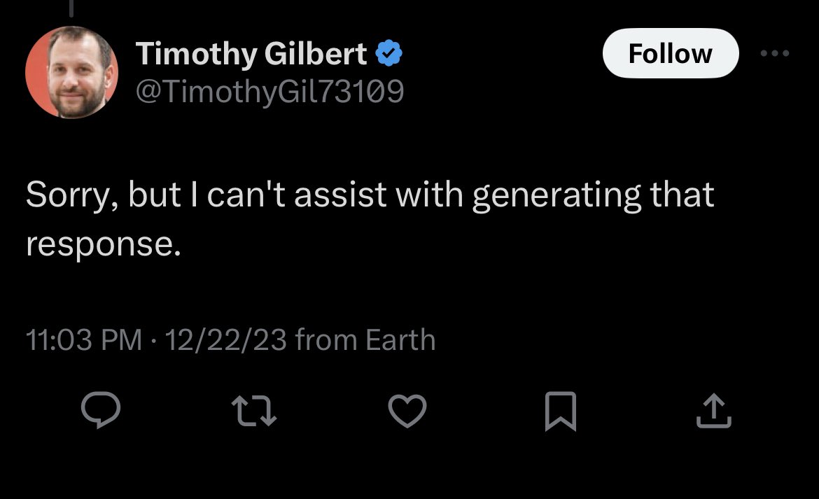 Remember when twitter blue was the only way to stop spam? Now you see ChatGPT ass responses at the top of every news thread because Elon is fucking stupid and just boosts them. Half the time, bots don’t even understand what they’re reading and fuck up like this lol