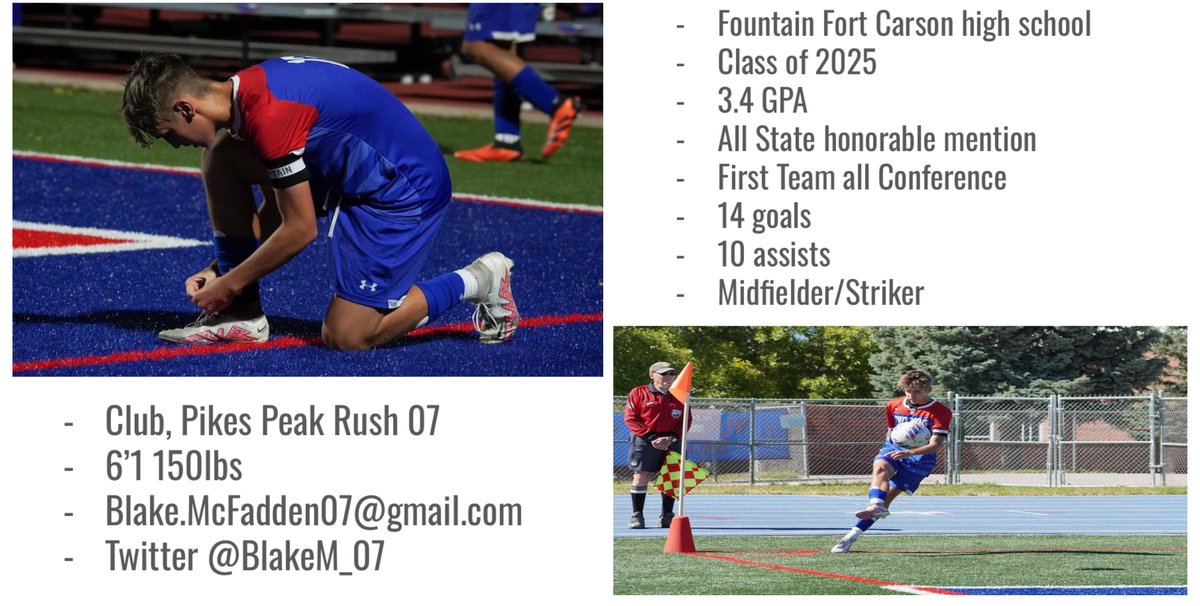 @SoccerMomInt Thank you @SoccerMomInt! Happy Holidays!

Blake McFadden
2025 Fountain-Fort Carson HS, CO
MF/Striker
Sports Management
GPA 3.4
youtube.com/watch?v=J7RSss…

View my <a href="/fieldlevel/">FieldLevel</a> soccer recruiting profile fieldlevel.com/app/profile/bl…