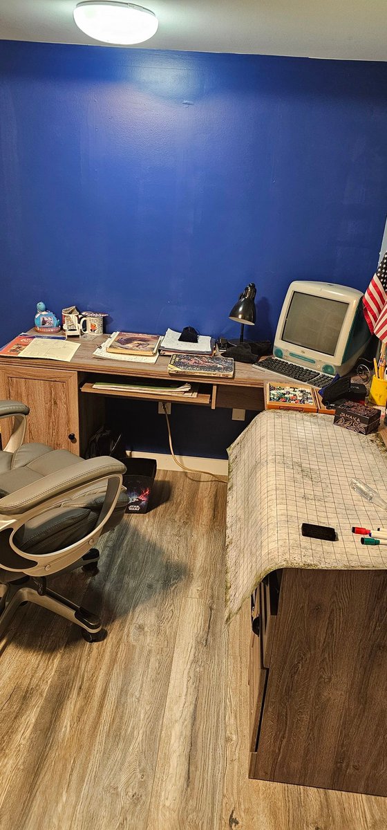 eroc0303's tweet photo. The table was needed to hold food, so this is the current state of my office, #DnD room! Good enough, I think. Pull up a pillow, and let's roll some friggin dice 🎲 #oldschool #tabletop, or #BasementFloor 😆 #DnD #BX #BECMI #RC #ADnD #ADnD1 #ADnD2 #dungeonsanddragons https://t.co/EcNgmfneAI