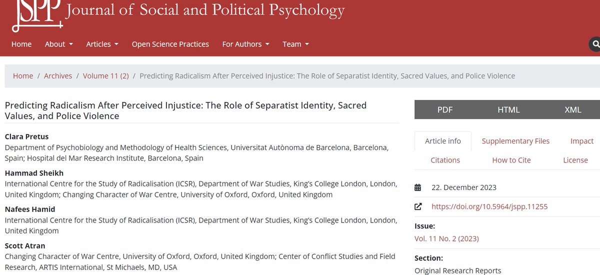 Our final article of the year is this interesting piece by @ClaraPretus, @HammadSheikh, @NafeesHamid, & @ScottAtran: 'Predicting Radicalism After Perceived Injustice: The Role of Separatist Identity, Sacred Values, and Police Violence'. Open Access: jspp.psychopen.eu/index.php/jspp… (1/2)