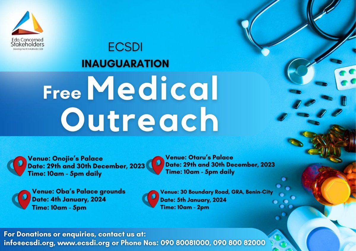 We're excited to offer a free medical health and wellness services to our community, the good people of Edo State within the three(3) senatorial district of the state. 
Check date and time on the banner above👆
#edostatenigeria #edo #edopeople #freemedicalcheckup #benincity