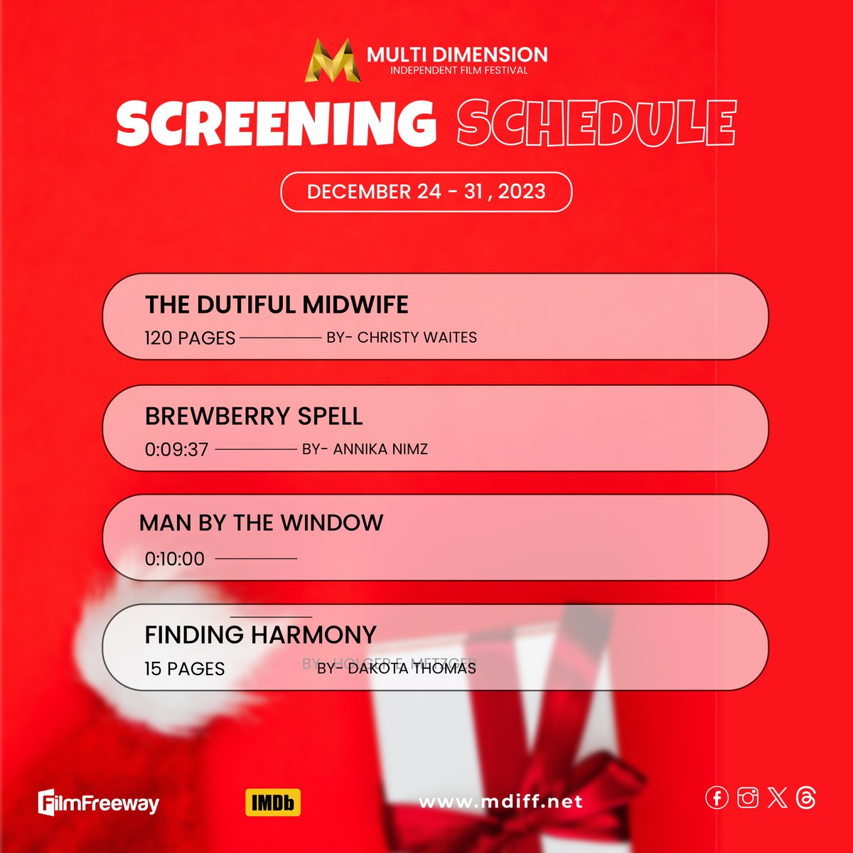 MDIFF21's tweet photo. SCREENING SCHEDULE
Check out our final screening schedule of the year on Christmas Eve. Wishing you all a joyous Christmas! Enjoy the films on our website from December 24 - December 31, 2023.
#SUPPORTINDIEFILM
#mdiff #screeningschedule #films #scripts #screenplays https://t.co/kKBnSdXazd