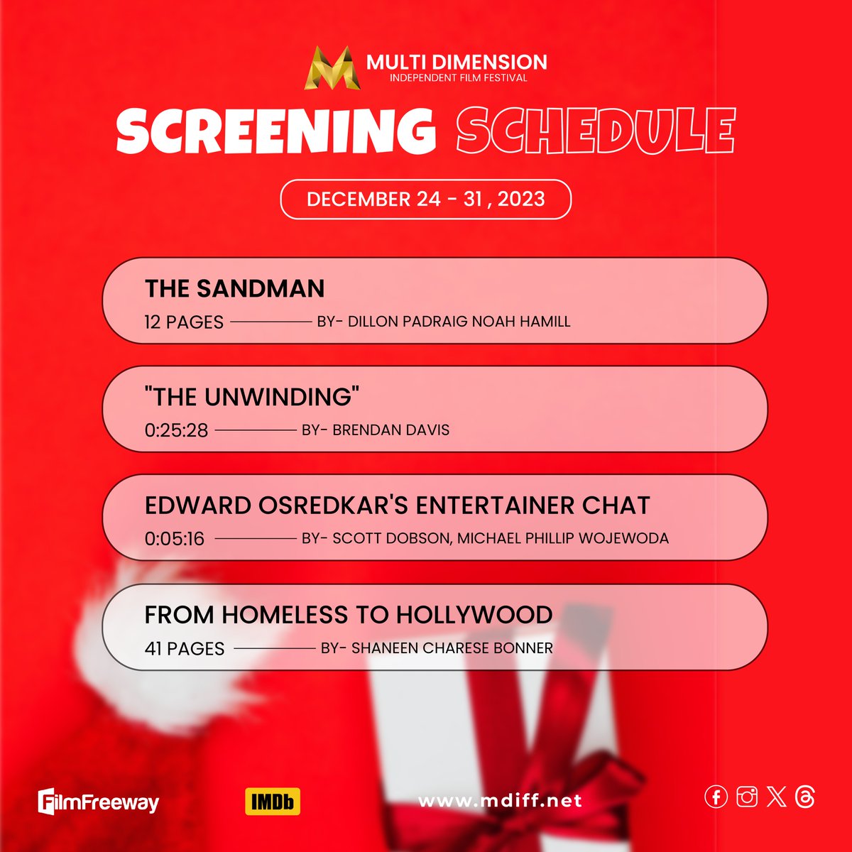 MDIFF21's tweet photo. SCREENING SCHEDULE
Check out our final screening schedule of the year on Christmas Eve. Wishing you all a joyous Christmas! Enjoy the films on our website from December 24 - December 31, 2023.
#SUPPORTINDIEFILM
#mdiff #screeningschedule #films #scripts #screenplays https://t.co/kKBnSdXazd