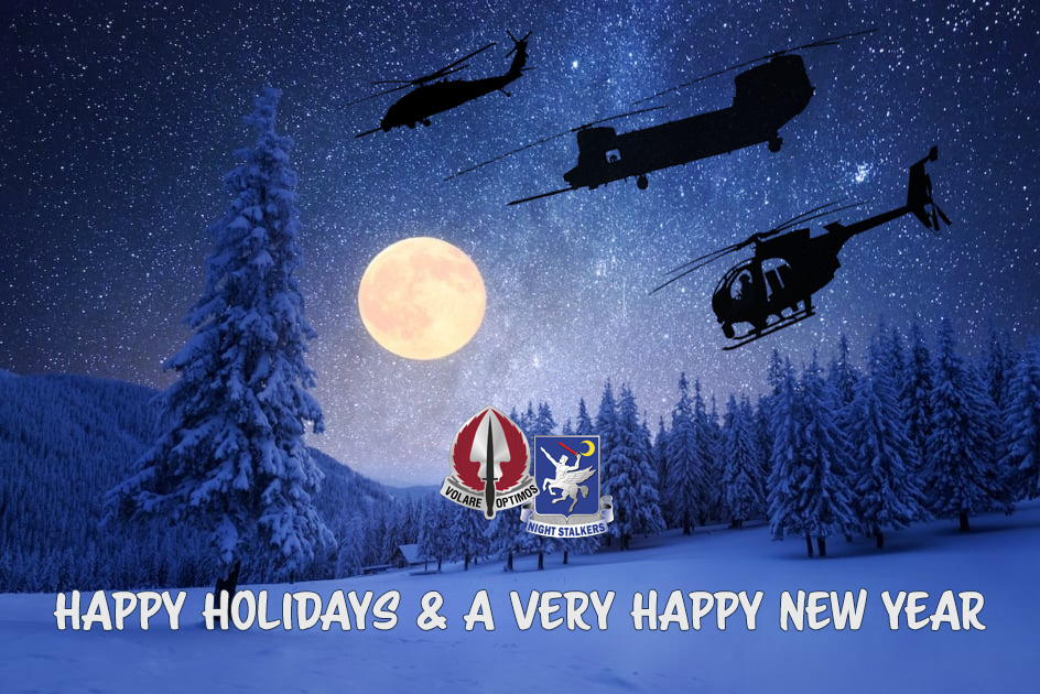 Go160thSoar's tweet photo. From our Family to yours, Happy Holidays and a Very Happy New Year from the 160th Recruiting Team! #Go160thSOAR #USASOAC https://t.co/L8khfkzWvC