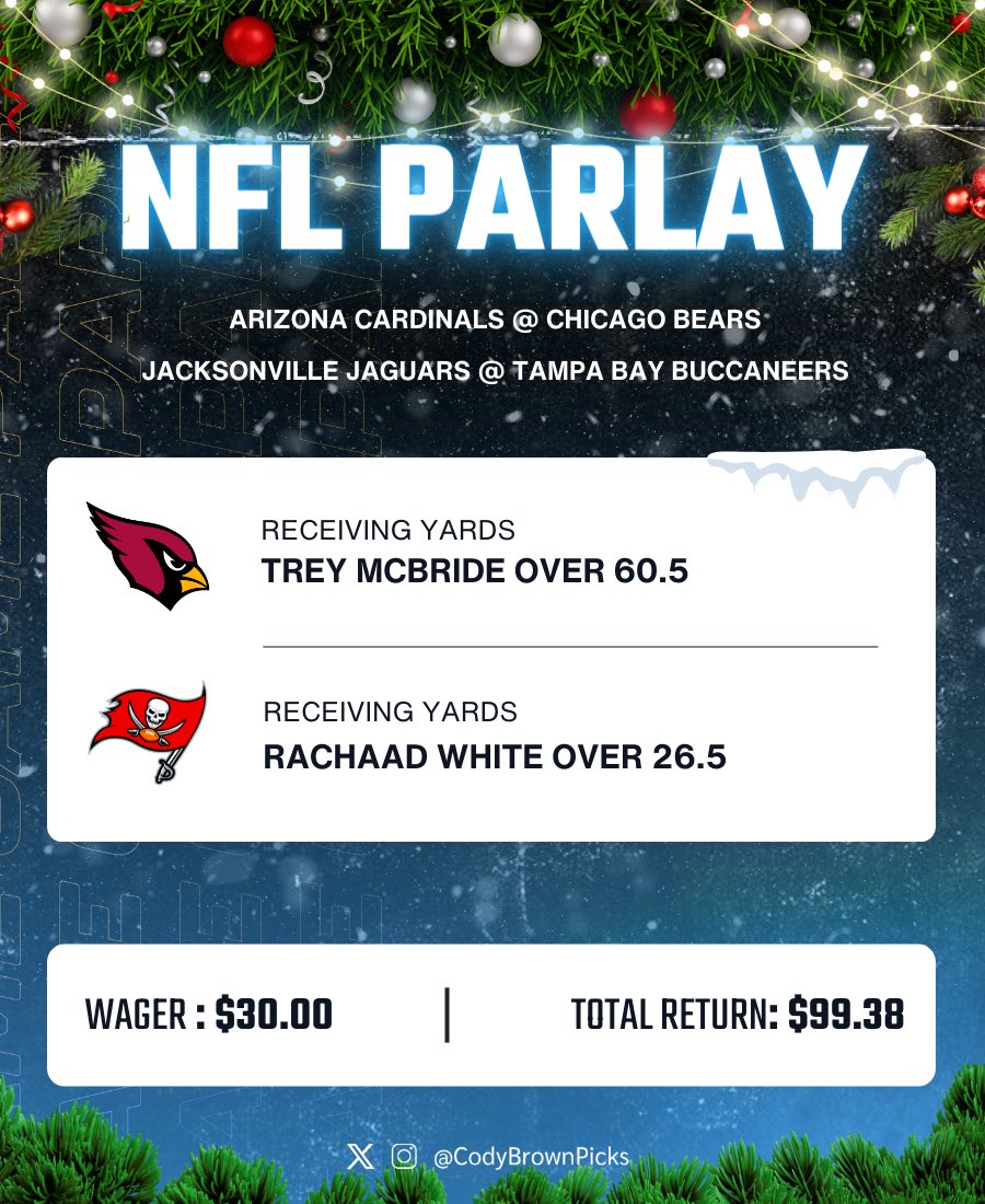 CodyBrownBets's tweet photo. 🏈 NFL Parlay

👉🏼 Trey McBride O60.5 rec yards
👉🏼 Rachaad White O26.5 rec yards

Place this bet on Caesars and you’ll either win cash or get you wager back as a bonus if it loses.

🎁 Claim here: https://t.co/GrfayrCxQW

21+, gamble responsibly. https://t.co/l5yknUdXrc