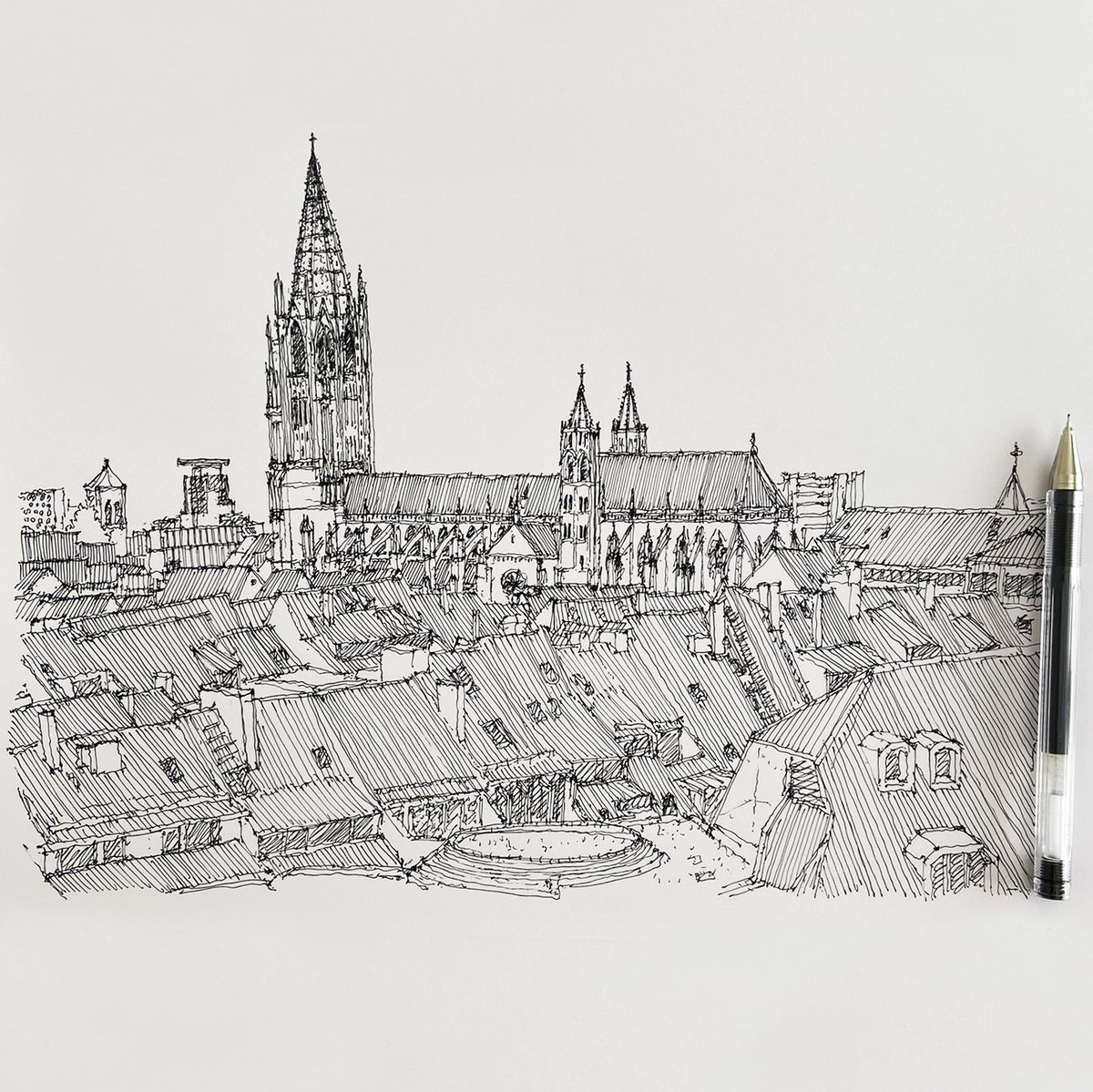 Freiburg panoramic view centered on the city’s Cathedral, the Freiburg Minster. #freiburgmünster #freiburgcathedral #freiburg #freiburgambreisgau #germany #InkDrawing #UrbanSketch #SketchDaily #Sketch #Drawing #Pen #Ink #Pendrawing #Sketchart #Drawingoftheday #Sketchoftheday #Art