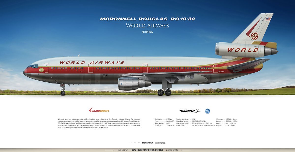McDonnell Douglas DC-10-30 World Airways

Registration: N105WA
Type: DC-10-30CF
Engines: 3 × GE CF6-50C
Serial Number: 46987
First flight: Jun 13, 1978

Poster for Aviators.
aviaposter.com
#proaviation #planes #aviationgeek #McDonnellDouglas #dc10 #trijet