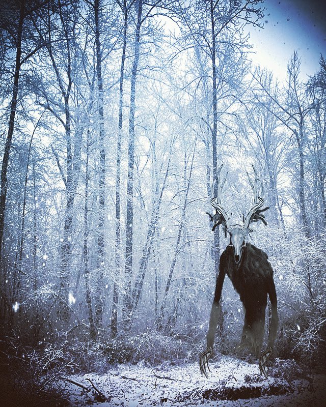 HauntedHistory2's tweet photo. A legend about the Wendigo in Fort Kent, Alberta goes back over 100 years.  Eerie howls &amp; chilling laughs have been heard in the nearby forest. The shadowy creature has been blamed for many animal deaths &amp; a few mysterious disappearances. #winterlore
#FolkloreSunday #cryptids https://t.co/rtFtABkWvg