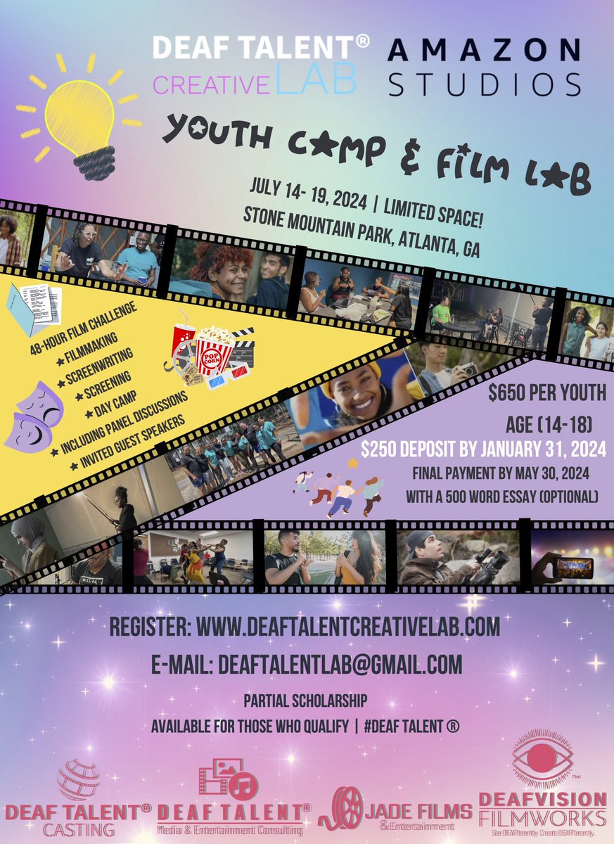DeafShowRunner's tweet photo. Deaf Talent ® Creative Lab & Amazon Studios Youth Writing & Film Lab
JULY 14-19, 2024 | Limited space!
Stone Mountain, Atlanta, GA
$650 per Youth (Age 14-18)
Register: https://t.co/37Swl0nJQJ
DeafTalentLab@Gmail.com
#DeafTalent® #WrtingLab #DeafTalentCreativeLab #DTCL https://t.co/ctjWIR21xG