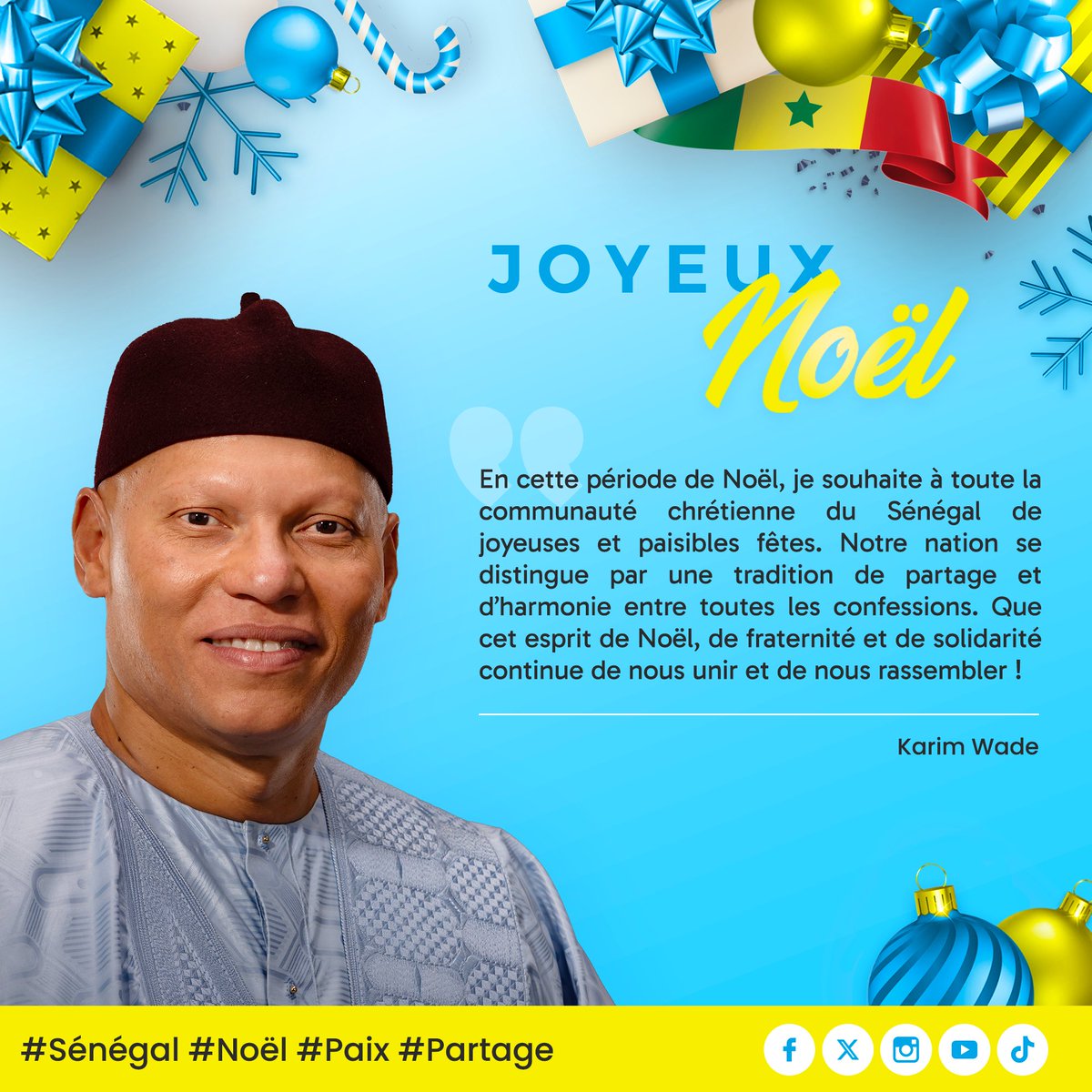 KarimWade_PR's tweet photo. En cette période de Noël, je souhaite à toute la communauté chrétienne du Sénégal de joyeuses et paisibles fêtes. Notre nation se distingue par une tradition de partage et d'harmonie entre toutes les confessions. Que cet esprit de Noël, de fraternité et de solidarité continue de nous unir et de nous rassembler !
