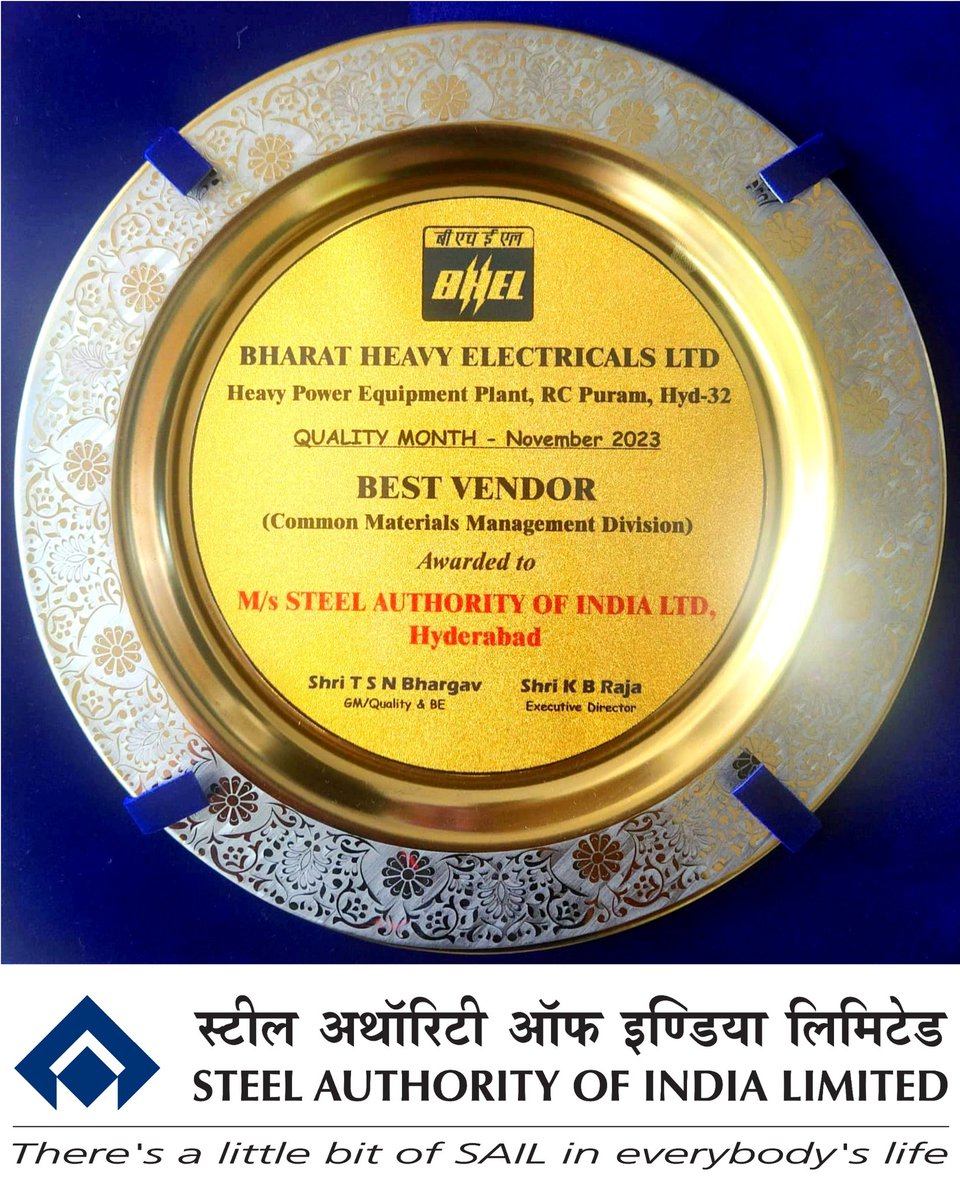 SAILCMO's tweet photo. BHEL has adjudged Hyd'bad branch of @SAILCMO as Best Vendor for supplies &amp; services. Our customers' testimonials truly reflect our credibility. At @SAILCMO, customer delight is our commitment ; every word of praise from our customers motivates us to do better! Thanks  @BHEL_India https://t.co/R3WGr8rC3Y