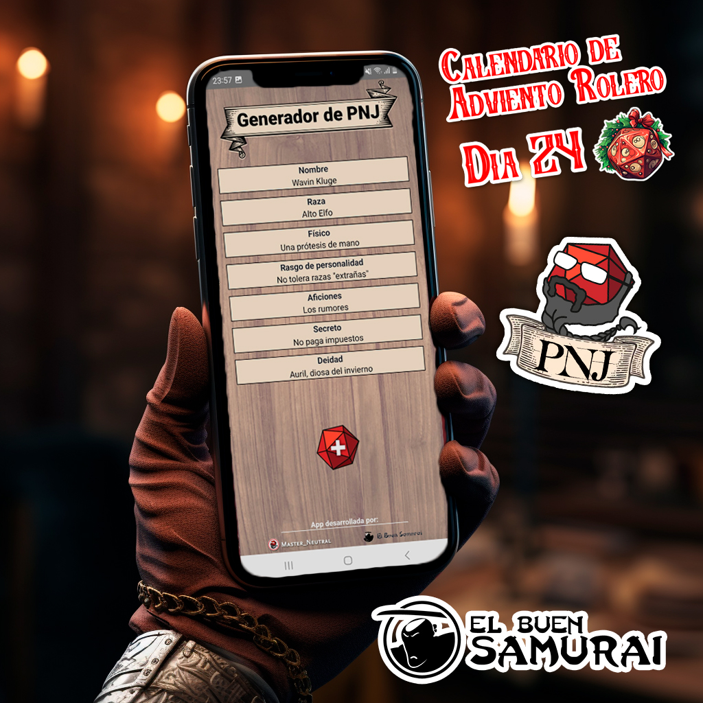 Master_N_Jordi's tweet photo. Día 24 del #Calendariodeadvientorolero 🎁🎄🎁
App - Generador de PNJ's
Y con esta pedazo de colaboración con @Elbuensamurai llegamos al final del calendario :')
Aún no puede descargarse de la PlayStore, pero me encantaría que probaseis y me dierais vuestra opinión :)#dndapp #app https://t.co/Mj4nEbqRAr