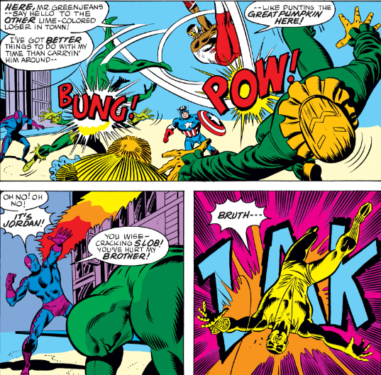 MarvelADay's tweet photo. #MarvelADay #Cap159 Falc ambitiously works two pop culture references into his trash talk: Mr. Green Jeans was from the long-running kids show Captain Kangaroo, while the Peanuts Halloween special first aired in 1966. - crs https://t.co/gxG5toN14b