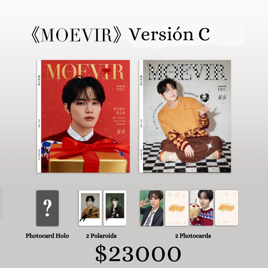 CHENLE7CL's tweet photo. Pedido revistas Moevir X Chenle 🎁🎉

Versión A/B $13000
-Revista a elección 
-Photocard 
-Polaroid 

Versión C $23000
-2 Revistas 
-2 Photocards 
-2 Polaroids
-Photocard holográfica https://t.co/9YurpsOZEg