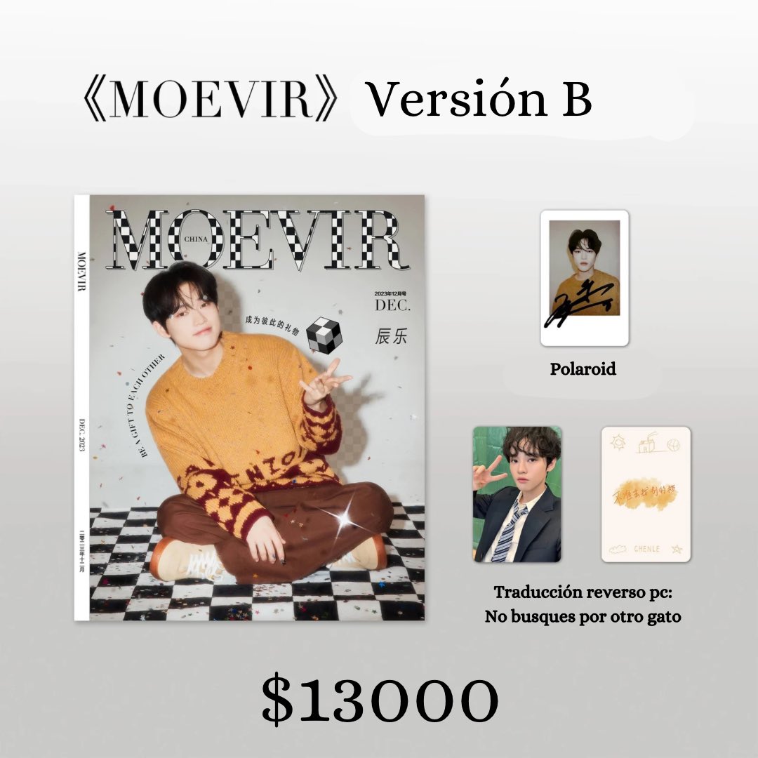 CHENLE7CL's tweet photo. Pedido revistas Moevir X Chenle 🎁🎉

Versión A/B $13000
-Revista a elección 
-Photocard 
-Polaroid 

Versión C $23000
-2 Revistas 
-2 Photocards 
-2 Polaroids
-Photocard holográfica https://t.co/9YurpsOZEg
