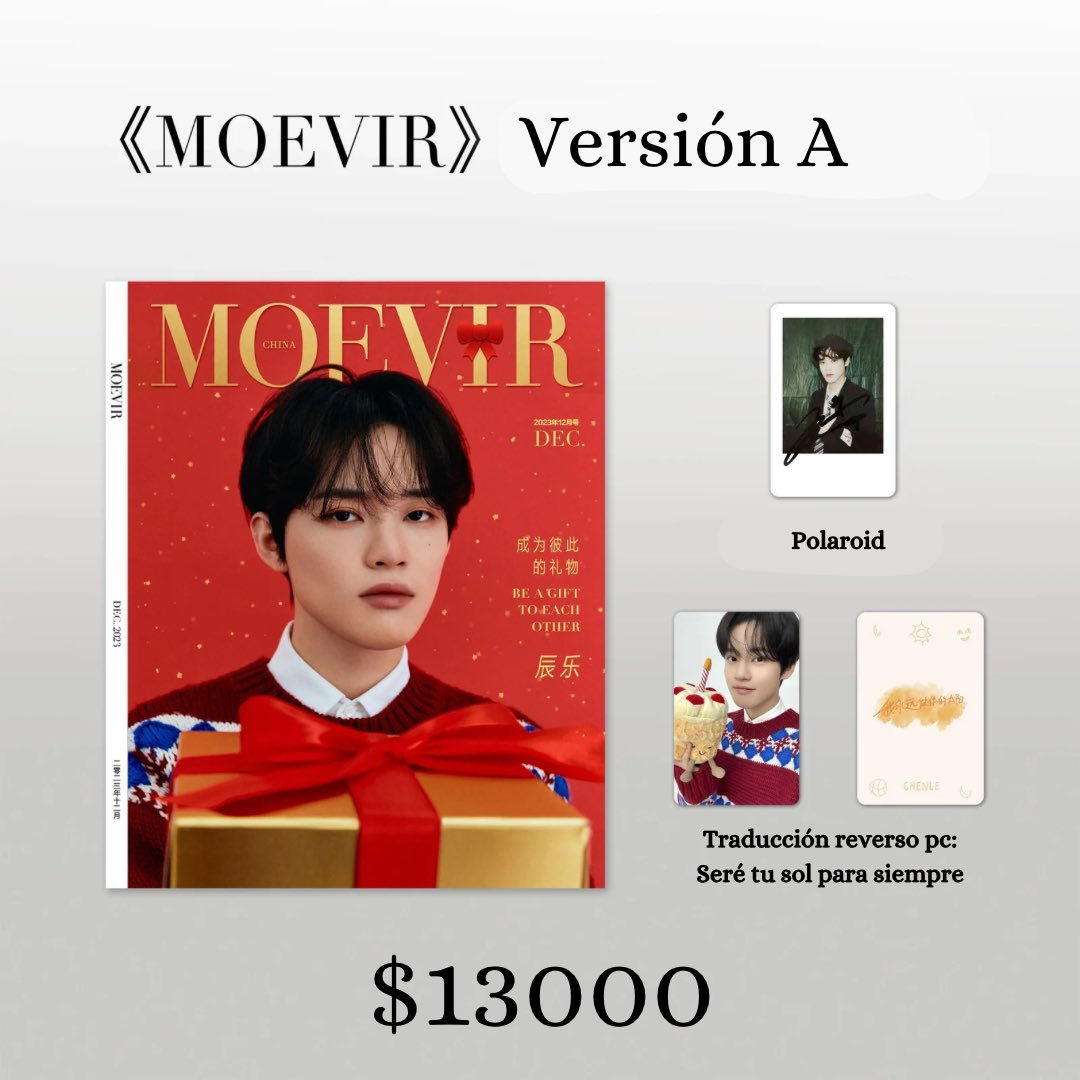CHENLE7CL's tweet photo. Pedido revistas Moevir X Chenle 🎁🎉

Versión A/B $13000
-Revista a elección 
-Photocard 
-Polaroid 

Versión C $23000
-2 Revistas 
-2 Photocards 
-2 Polaroids
-Photocard holográfica https://t.co/9YurpsOZEg