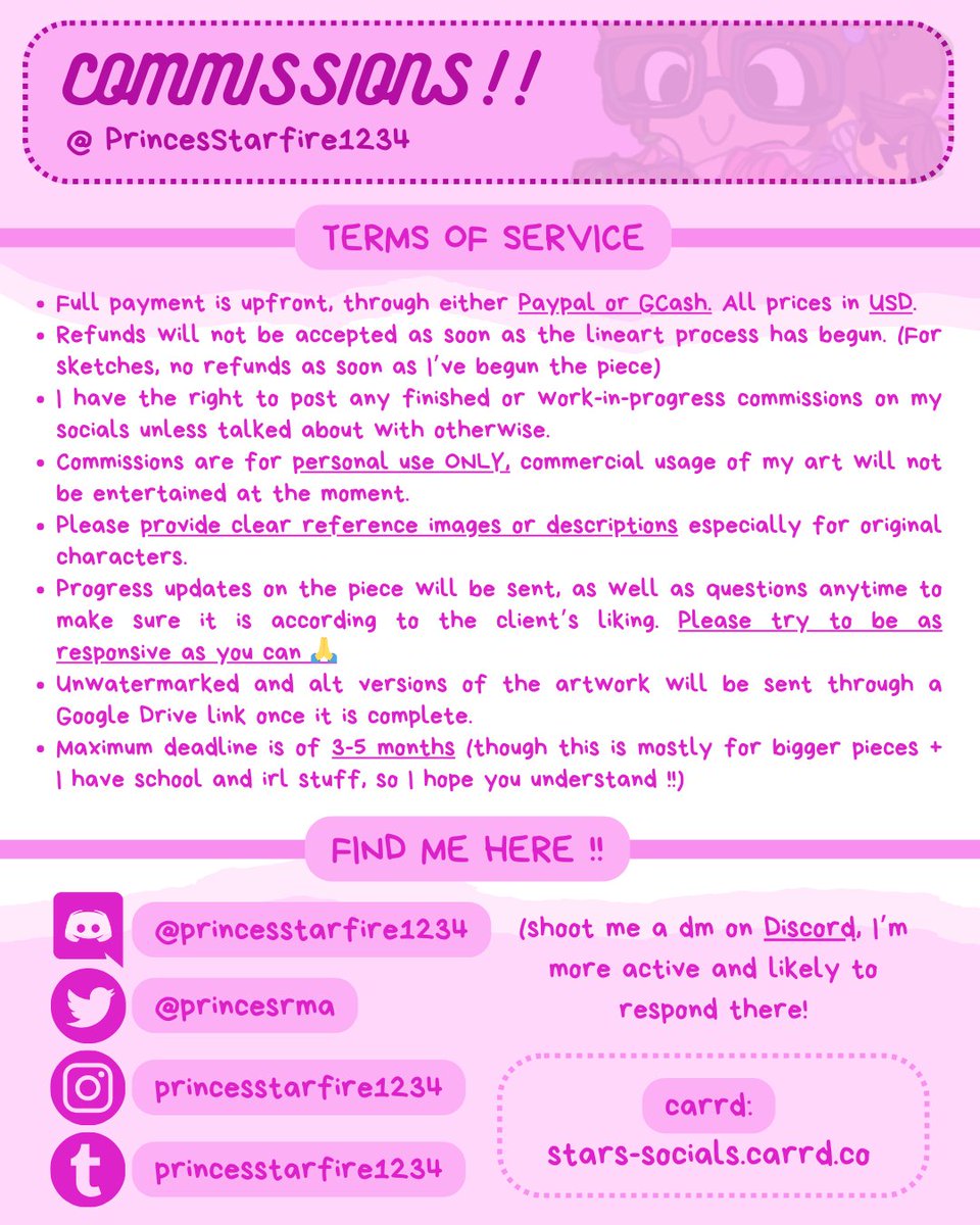 PrincesRma's tweet image. GUYS... GUESS WHAT...
MERRY CHRISTMAS!! but also...
C0MMISSIONS ARE OPEN!!!
Will be doing 3 slots for now! If you want a comm, read below and dm me on Discord (@/princesstarfire1234) I'm more likely to respond there!