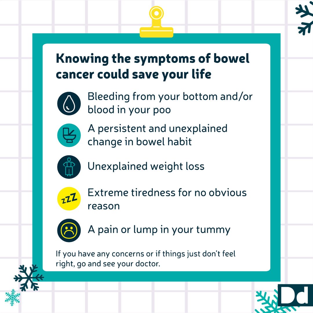 Today we wanted to highlight the five red flag symptoms of #BowelCancer to end our #DecemberDiaries campaign. If you notice any of these symptoms, go see your doctor. Find out more about the symptoms of bowel cancer, what to look for and getting help: bit.ly/475m1DO