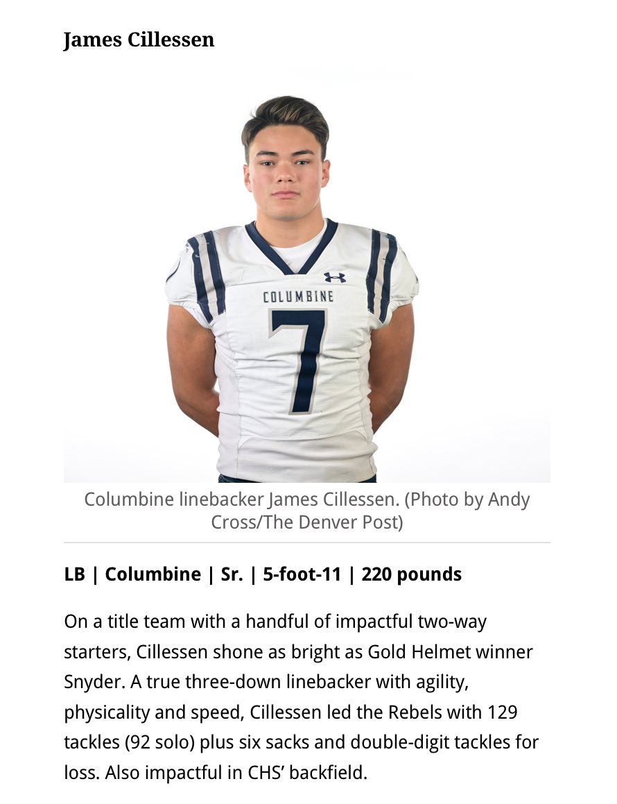 James Cillessen (@jamescillessen) on Twitter photo Extremely blessed to be named All Colorado by the <a href="/denverpost/">The Denver Post</a>. Thank you <a href="/Columbineftbl/">Columbine Football</a>, <a href="/AndyLowry11/">Andy Lowry</a>, and all the other coaches at Columbine that have made my time there so meaningful. Also, congrats to my teammates Josh, Hunter, Carlos, and Mason for also making All Colorado! Extremely blessed to be named All Colorado by the <a href="/denverpost/">The Denver Post</a>. Thank you <a href="/Columbineftbl/">Columbine Football</a>, <a href="/AndyLowry11/">Andy Lowry</a>, and all the other coaches at Columbine that have made my time there so meaningful. Also, congrats to my teammates Josh, Hunter, Carlos, and Mason for also making All Colorado!