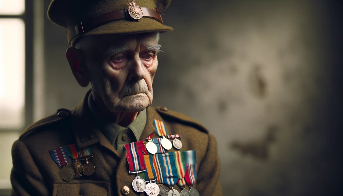 _iMAKsays's tweet photo. A World War I Soldier in Later Years:
"๐๐๏ธ A World War I soldier, now old, wears his medals with a mix of pride and sorrow. Each medal not just an honor, but a reminder of the cost of war and the friends lost. #WWIVeteran #WarMemories