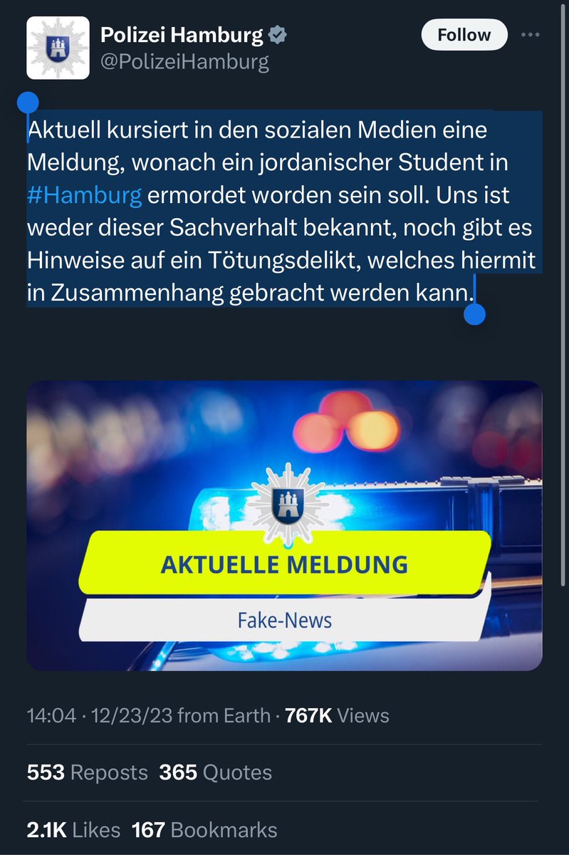 NYplaid's tweet photo. Translated from German: “A message is currently circulating on social media that a Jordanian student is said to have been murdered in #Hamburg. We are not aware of this fact, nor is there any evidence of a homicide, which can be associated with this.” https://t.co/MwnRgswmR8