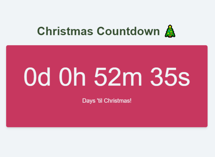 rivereen's tweet image. found the #JavaScriptmas challenge (very late i know, but it looks fun!) i will try to complete it and post it as a thread here when i achieve it.
day 1: countdown to x mas
scrimba.com/scrim/co58b464…