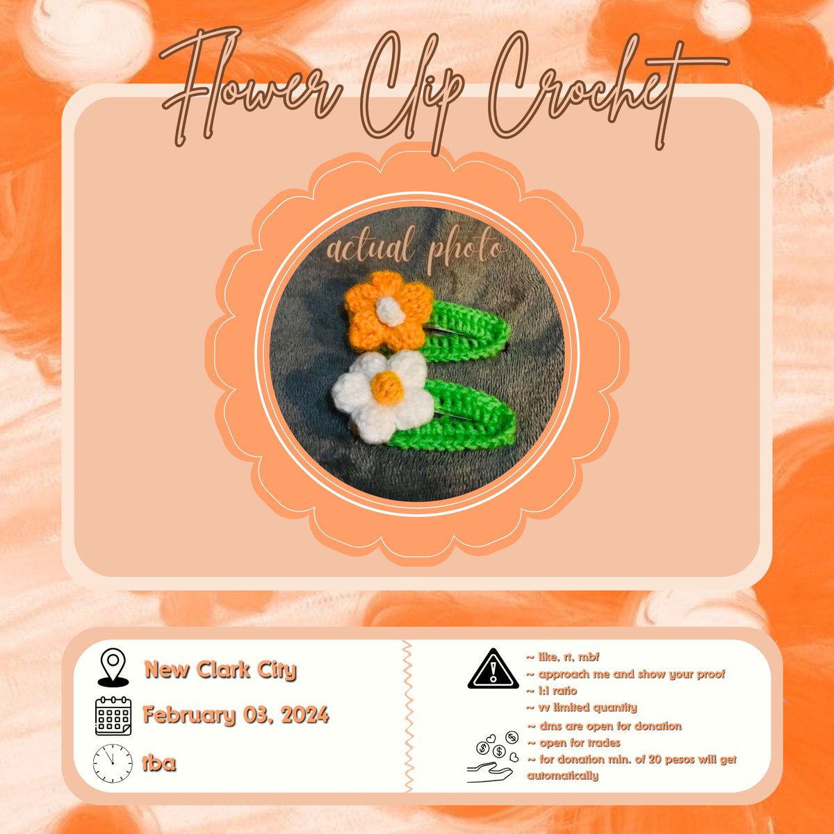 JooaanBudols's tweet image. ✿༺ #ENHYPEN #FATE_IN_NEWCLARKCITY ༻✿

Flower Clip Crochet🧶
Fan support by @JooaanBudols &amp;amp; @sknclsn 

🍊Feb. 03, 2024 ; NCC Stadium
       (tba - exact location and time)
🍑 open for donation &amp;amp; trades
       (just dm me)
🧡 mbf, like, rt

see you, engenes!