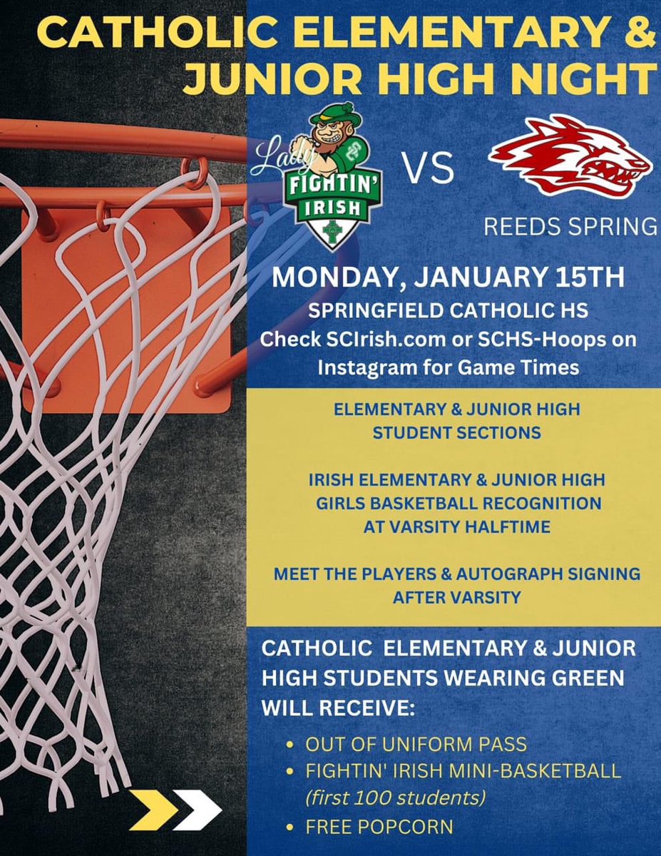 🏀 Join us for Catholic Elementary &amp; Junior High Night on Jan 15th at Springfield Catholic HS! Cheer for our Lady Fightin' Irish and meet the players. GO IRISH!!! #SaintSebastianPrayForUs ☘️ #Basketball #Community