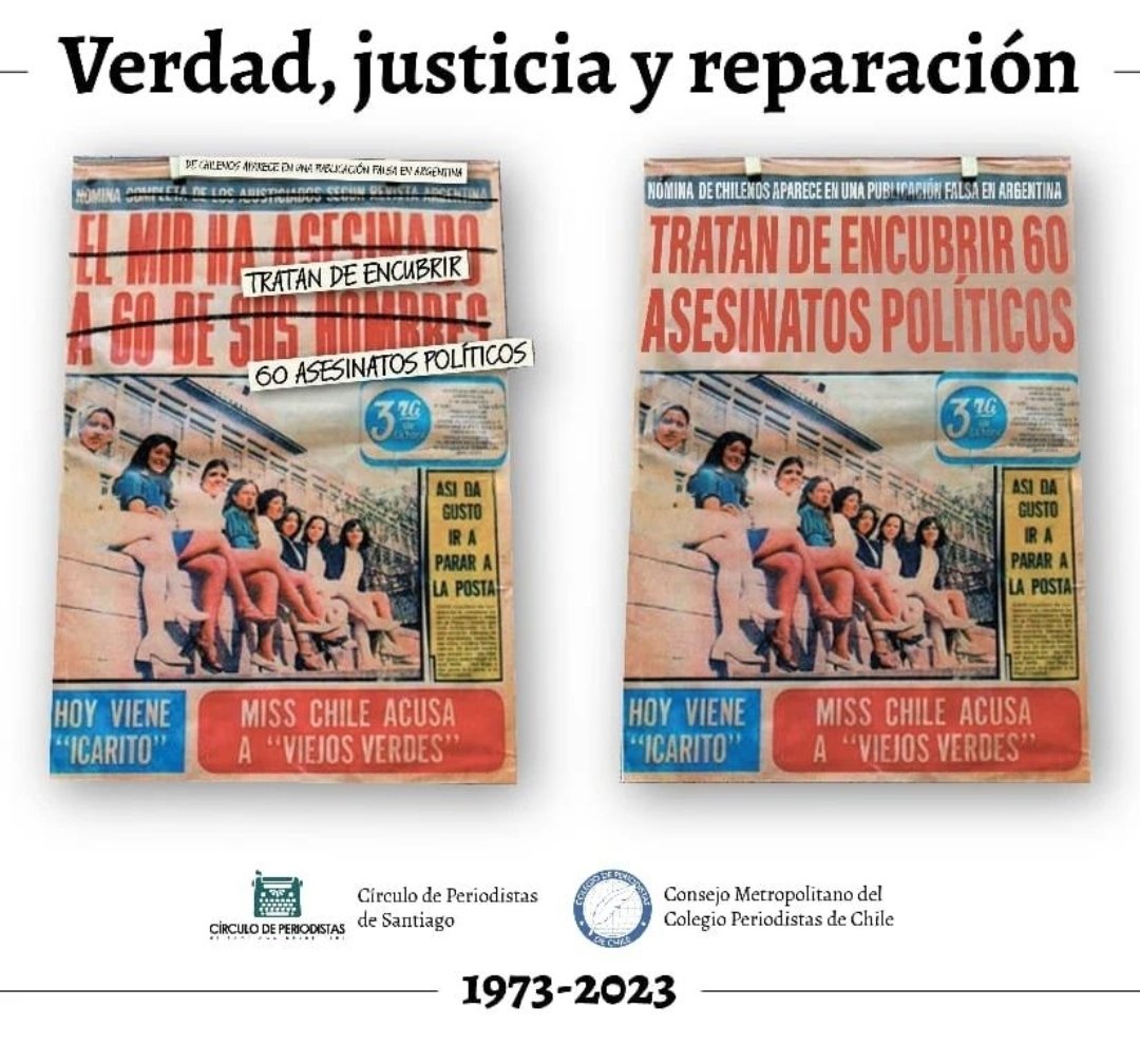 la_tera_vive's tweet image. Para mi, el &quot;acto simbólico&quot; del Colegio y Asociación de Periodistas de Chile, corrigiendo los titulares de La Segunda, La Tercera, El Mercurio y Las Últimas Noticias, llegó tarde. La ocasión era para la conmemoración de los #50AñosDelGolpe, pero prefirieron mirar para el lado.