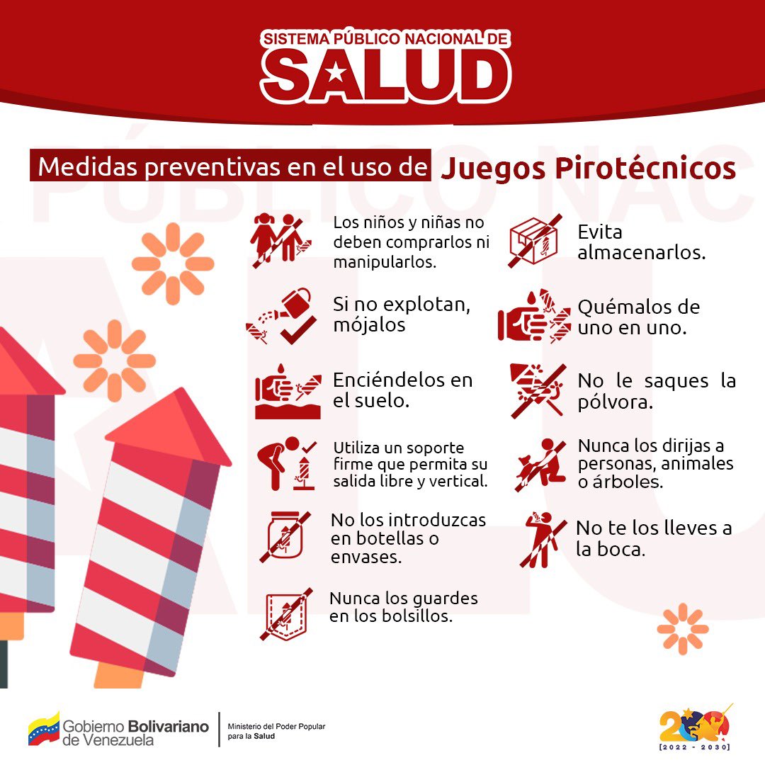 #24Dic | El uso de los #FuegosArtificiales sin las medidas de seguridad conlleva riesgos para tu integridad física y la de los que te rodean. Aquí te dejamos algunas medidas preventivas #JuntosPorCadaLatido <a href="/NicolasMaduro/">Nicolás Maduro</a> <a href="/ConCiliaFlores/">Cilia Flores</a> <a href="/Gabrielasjr/">Gabriela Jiménez</a> <a href="/delcyrodriguezv/">Delcy Rodríguez</a> <a href="/Mippcivzla/">MIPPCI</a>