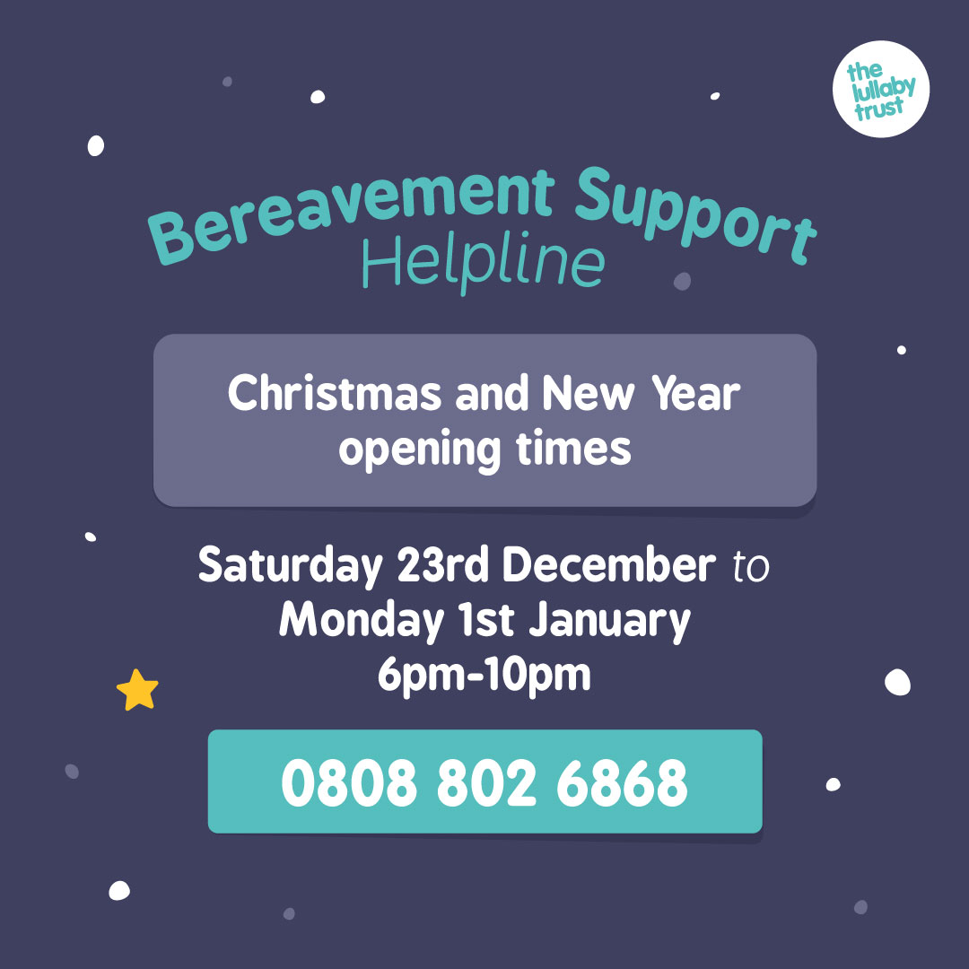 These are the Christmas opening times for our Bereavement Support Helpline: Sat 23 Dec to Mon 1 Jan, 6-10pm. If you'd like to talk to someone during this time, please call 0808 802 6868.