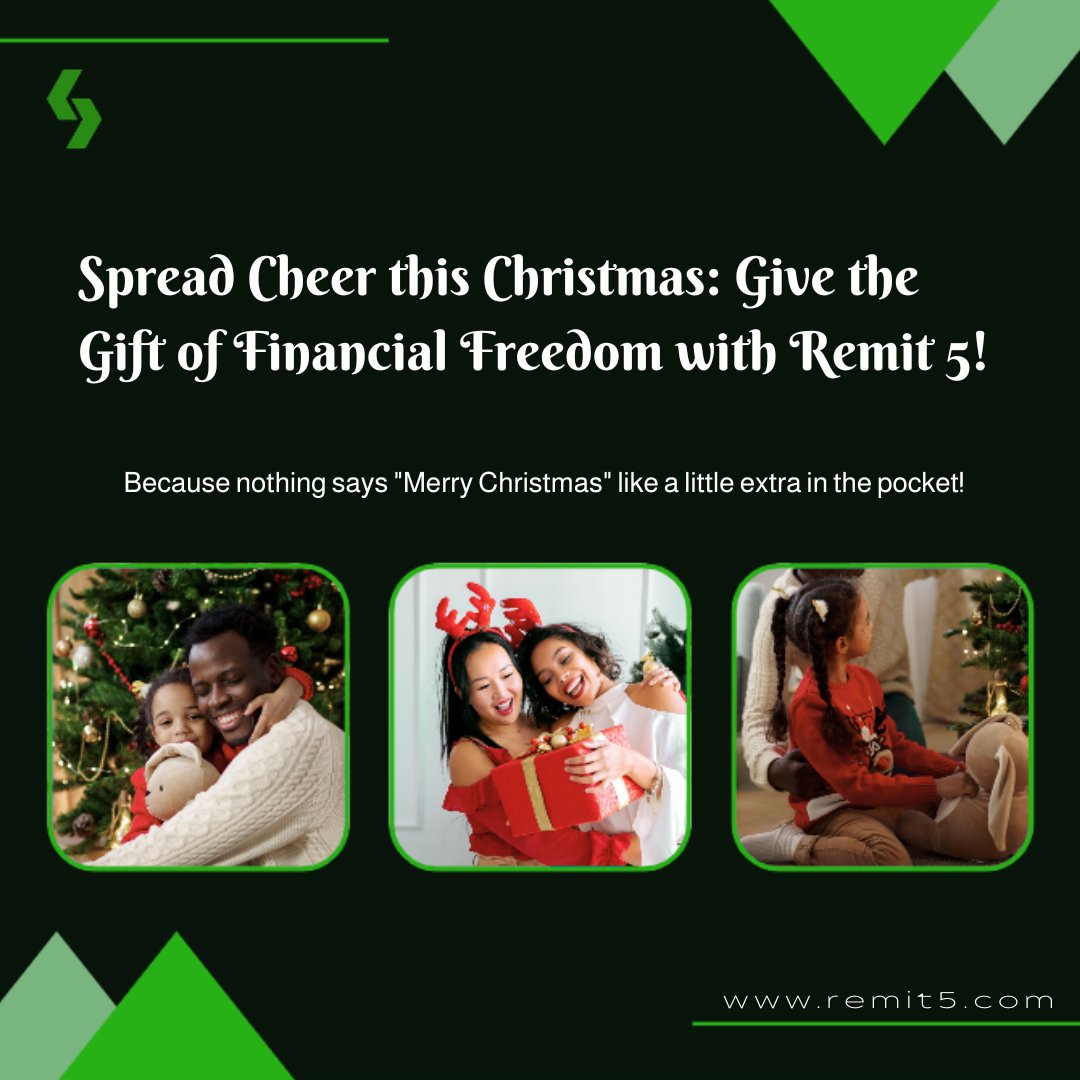 remitfive's tweet photo. This Christmas, make the season brighter for everyone you care about! Send the gift of financial freedom with Remit 5. Because nothing says "Merry Christmas" like a little extra in the pocket!
#Remit5 #FinancialFreedom #Christmasgifts https://t.co/vhZEGfVAGx