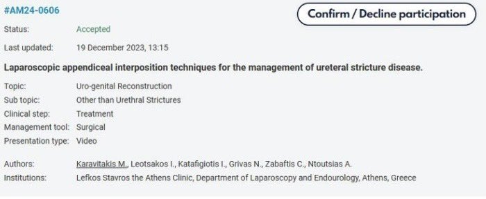 Our technique for laparoscopic appendiceal interposition techniques for the management of ureteral stricture disease  will be presented at the  upcoming annual conference of the <a href="/Uroweb/">European Association of Urology (EAU)</a> This recognition is the ideal way to express our gratitude to the patients who entrusted us 🙏