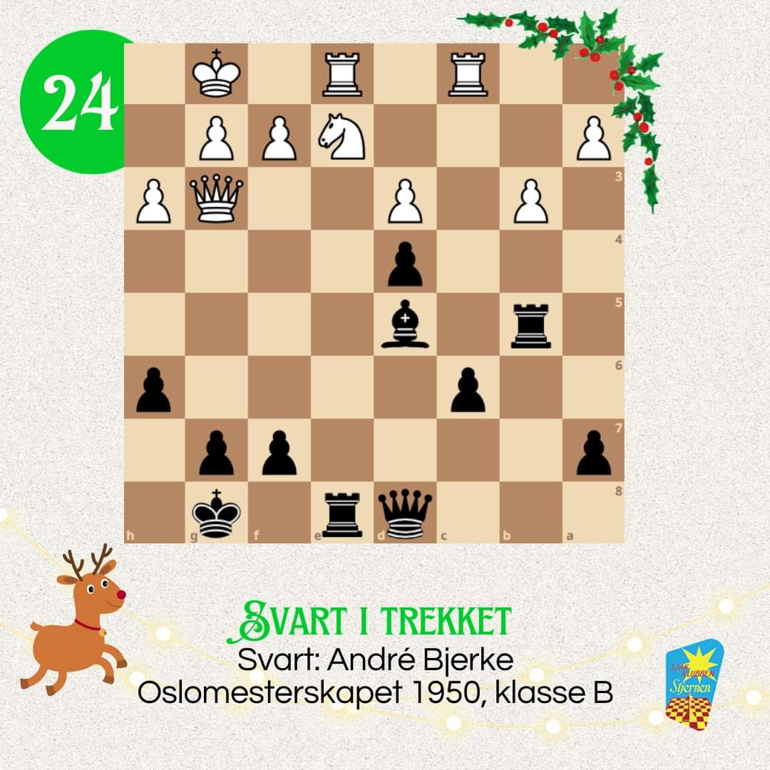 skstjernen's tweet photo. Vær hilset, brødre i Caïssa! Takk
For alle timer over spillebrettet,
Den gode lekeplass for menskehjernen…
To gleder har vi delt. En skål for dette:
Den ene glede er: Vi spiller sjakk.
Den annen glede er: Vi står i «Stjernen».
– Andrè Bjerke

GOD JUL!🎅 https://t.co/9mx0gr1gs3