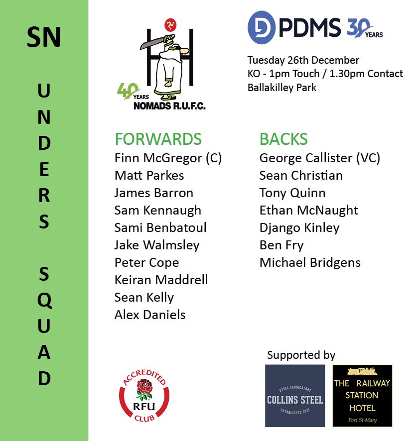 Here's the current matchday squads for our annual Boxing Day 'Unders v Overs' game.

Always room for more, so if you want to get involved with either the mixed touch or contact games, do get yourselves down on the day and get involved. All welcome!

#wearenomads #boxingdayrugby