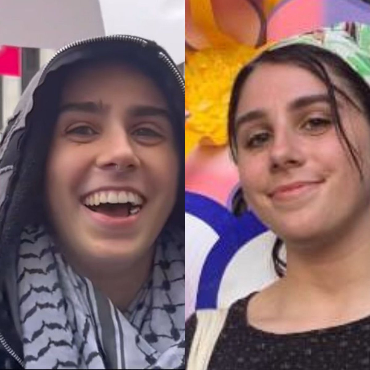 StopAntisemites's tweet image. UPDATE: the woman on the left who stated the October 7th massacre in Israel made her feel “proud” has been identified as Amelia Fuller.