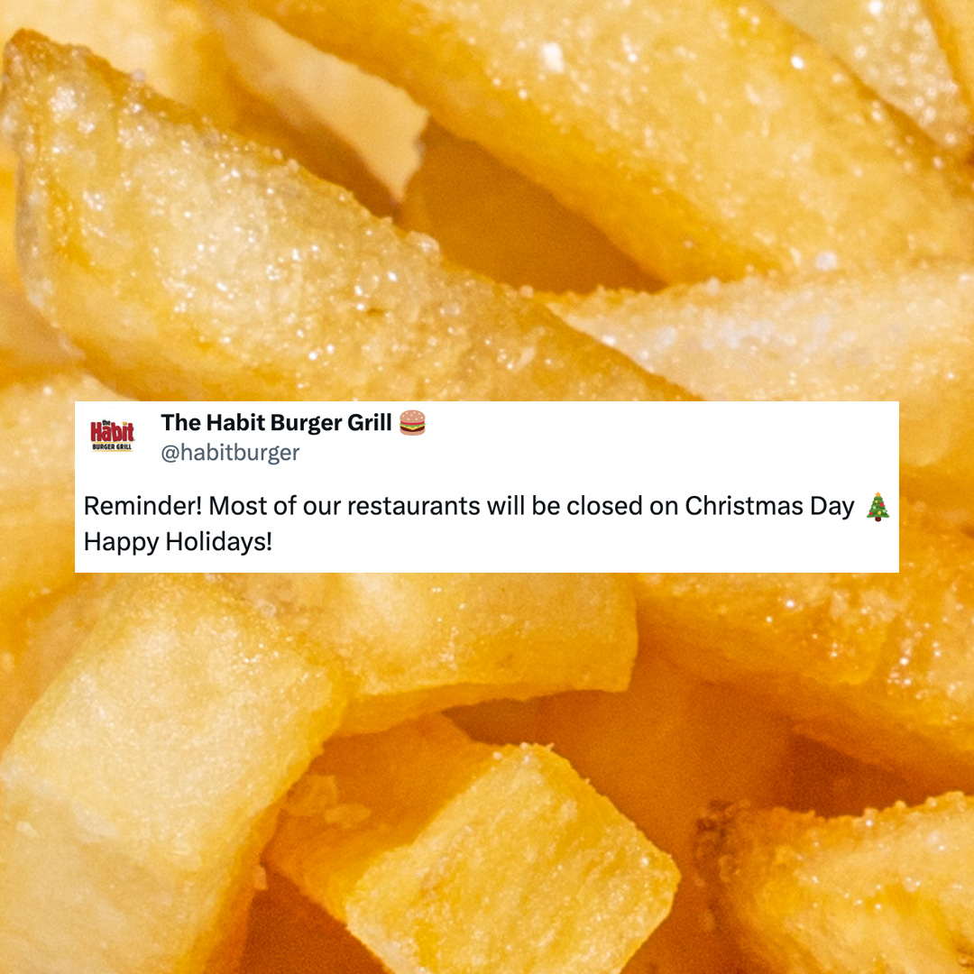 A friendly reminder that most of our restaurants will be closing early today and will be closed on 12/25 🎄 ⁠
⁠
See you on 12/26! 🍔