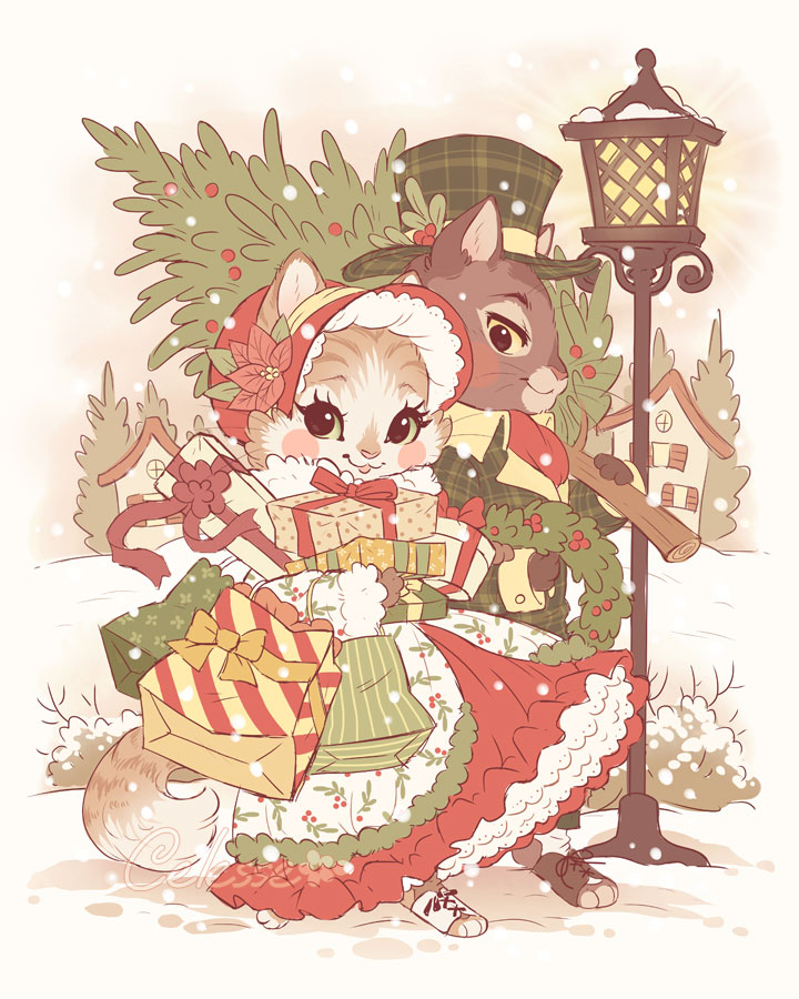 1girl gift christmas hat dress lamppost furry  illustration images