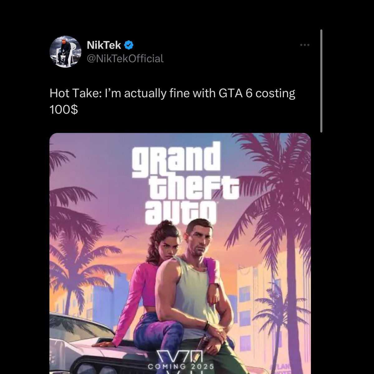NikTek's tweet photo. Massive L Take

If Rockstar charges 100$ for GTA 6, every gaming company will do the same.

Roast me because I deserve it, I still love you guys <3 https://t.co/nfK1XCHYt5