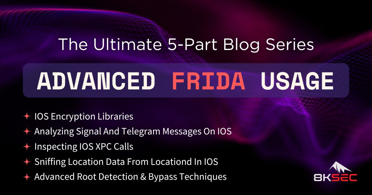 Din3zh's tweet image. Five part blog series on Advanced Frida @fridadotre usage by team at @8kSec 
Part 1 - 8ksec.io/advanced-frida…
Part 2 - 8ksec.io/advanced-frida…
Part 3 - 8ksec.io/advanced-frida…
Part 4 - 8ksec.io/advanced-frida…
Part 5 - 8ksec.io/advanced-root-…
#MobileSecurity #AndroidSecurity…