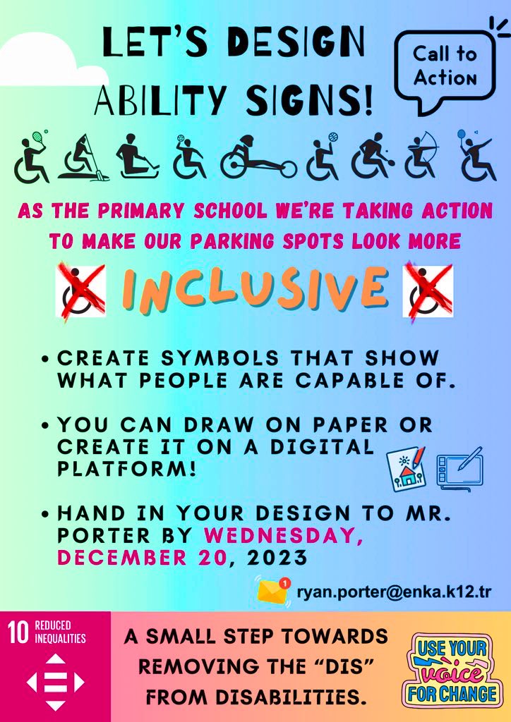 MrPorter009's tweet photo. In accordance with our theme for December, #SDG10 Reduced Inequalities, @EnkaOkullari has followed in @Decathlon’s footsteps by designing #AbilitySigns. Students in our primary school have created their own designs. Next step, replacing disabled logos with new inclusive signs. https://t.co/XhEILrEB8s