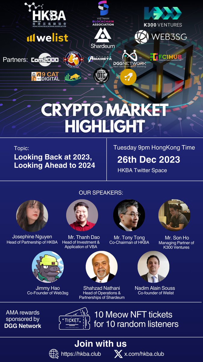 HKBAclub's tweet photo. 🎉[Special AMA] Crypto Market highlight: Looking Back at 2023, Looking Ahead to 2024

🌐 Dive into the crypto universe with our exclusive AMA session! We're reflecting on the standout moments of 2023 and peering into the future of the Crypto Market in 2024.

📆 Date: December 26th, 2023
🕒 Time: 9:00 pm HKT

🎤Host: Ms. Josephine Nguyen - Head of partnership of @HKBAclub
🙋Guest:
-Mr. Tony Tong - Co-Chairman of @HKBAclub
-Mr. Thanh Dao - Head of Investment & Application of @VietnamVBA 
-Mr. Son Ho - Managing Partner of @K300Ventures 
-Mr. Jimmy Goh - Co-Founder of @web3sg 
-Mr. Shahzad Nathani - Head of Operations and Partnerships of @shardeum 
-Mr. Nadim Alain Souss - Co-Founder of @welistdigital 

🎁Reward: 10 Meow NFT tickets for 10 random listeners.
💝Join and comment with interesting questions to become one of the lucky participants.
🌈Every piece of information in the AMA session will always be fascinating knowledge for you to broaden your perspectives on the crypto market.🌈

🦈Don't miss out on the Crypto Market predictions for 2024 and key trends to watch! Engage with industry leaders and gain exclusive insights.