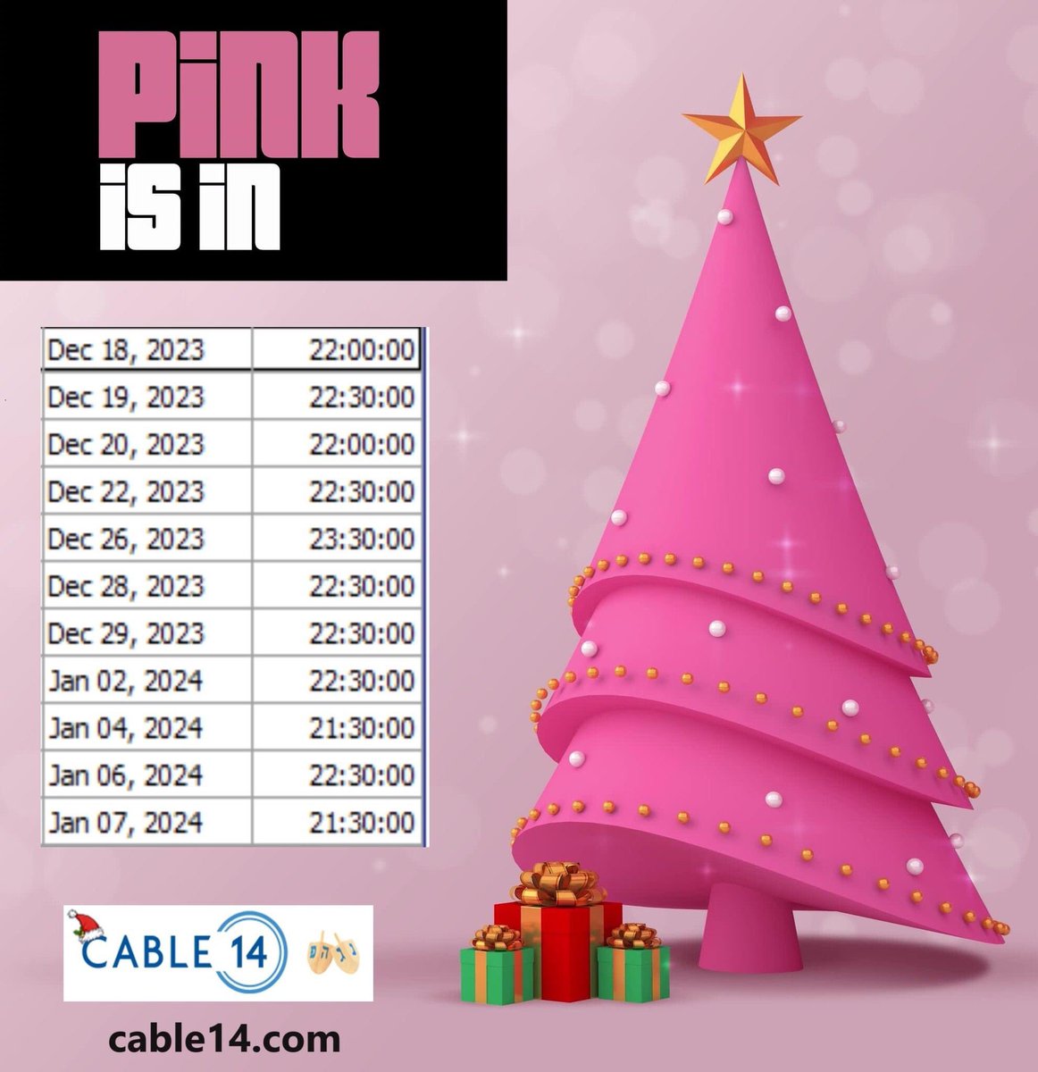 Watch the  #pinkisinshow Christmas episode at the times listed below on the Cable 14 website. #happyholidays