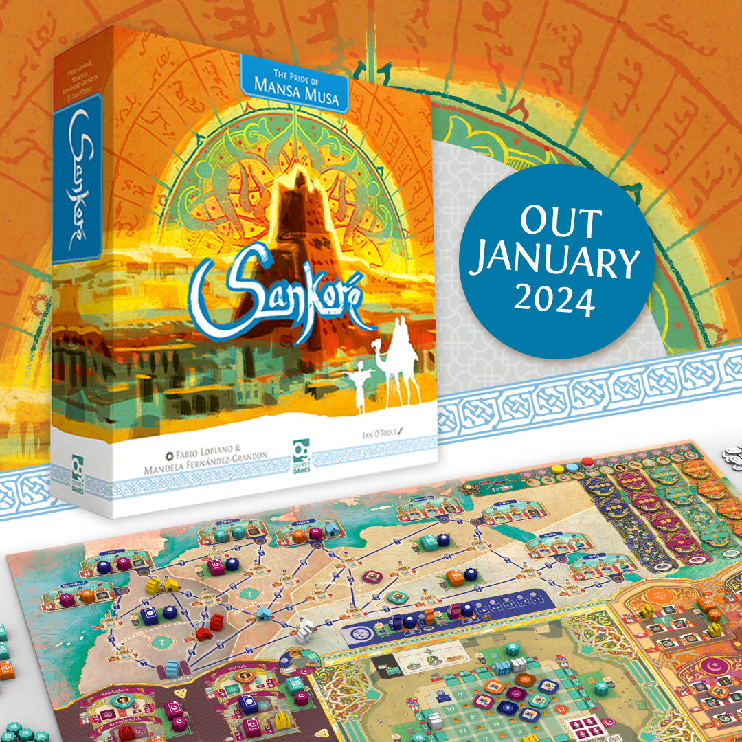 ☀️Sankoré is out January! Here's co-designer <a href="/MandelaFG/">Mandela F-G</a> on why it's unique:

"The game is richly thematic and steeped in positive player interaction. Changes to the board state create an ‘emergent ecosystem’ in which the relative power and value of actions changes play-to-play…"
