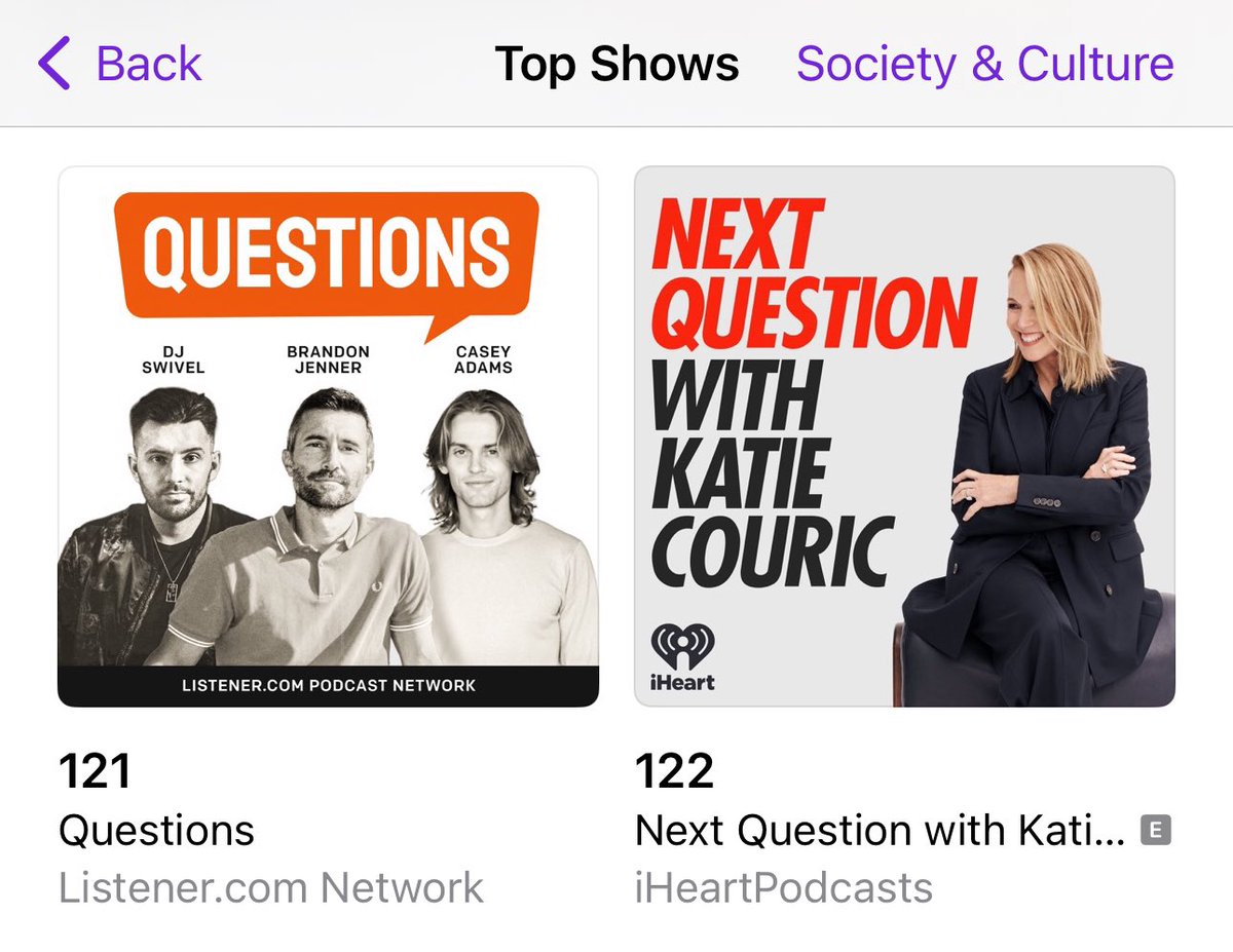 Listener.com (@listenerdotcom) on Twitter photo Our first debut podcast <a href="/QuestionsPods/">Questions</a> is looking great on the charts…🎙️
Hosted by <a href="/CaseyAdams/">Casey Adams</a>, <a href="/djswivel/">DJ Swivel</a>, and <a href="/BrandonJenner/">Brandon Jenner</a>
Hey <a href="/katiecouric/">Katie Couric</a> & <a href="/iHeartPodcasts/">iHeartPodcasts</a>👋 Our first debut podcast <a href="/QuestionsPods/">Questions</a> is looking great on the charts…🎙️
Hosted by <a href="/CaseyAdams/">Casey Adams</a>, <a href="/djswivel/">DJ Swivel</a>, and <a href="/BrandonJenner/">Brandon Jenner</a>
Hey <a href="/katiecouric/">Katie Couric</a> & <a href="/iHeartPodcasts/">iHeartPodcasts</a>👋