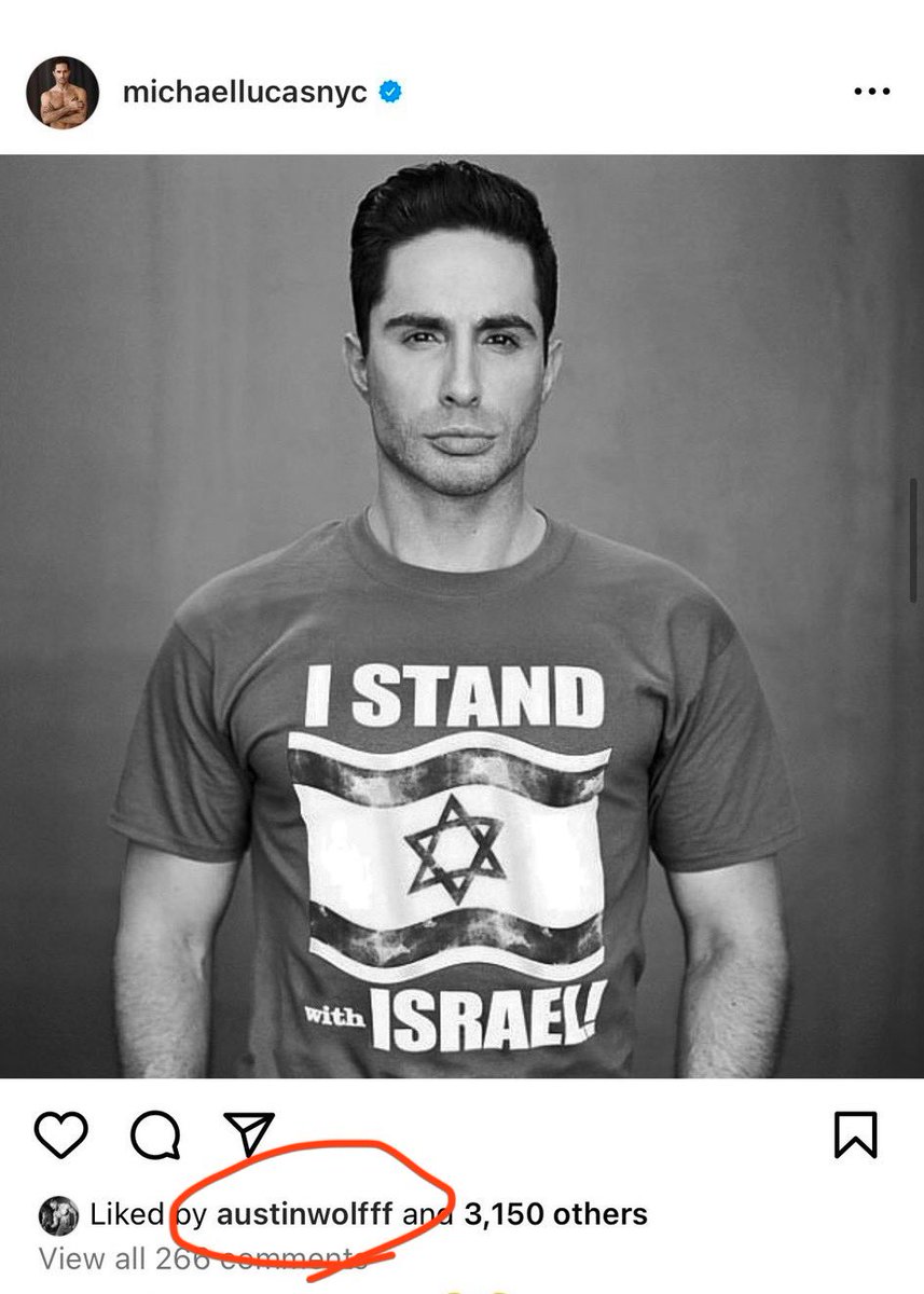 while we’re exposing zionists, does <a href="/aw4mf/">Austin Wolf</a> care to explain liking this zionist post ?

we need to rethink giving power &amp; platform to people that support ethnic genocide. do not let these men perpetuate a culture of violence in our community. gays—pls lead w morals, not just lust.